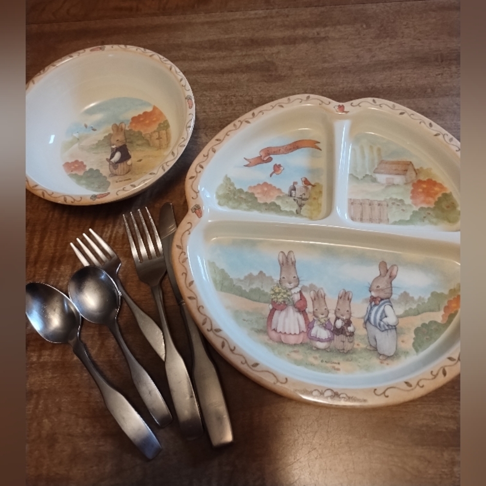 Children's Bunny Themed Dinnerware Set - Cream and Brown. Peter Rabbit Pecoware.